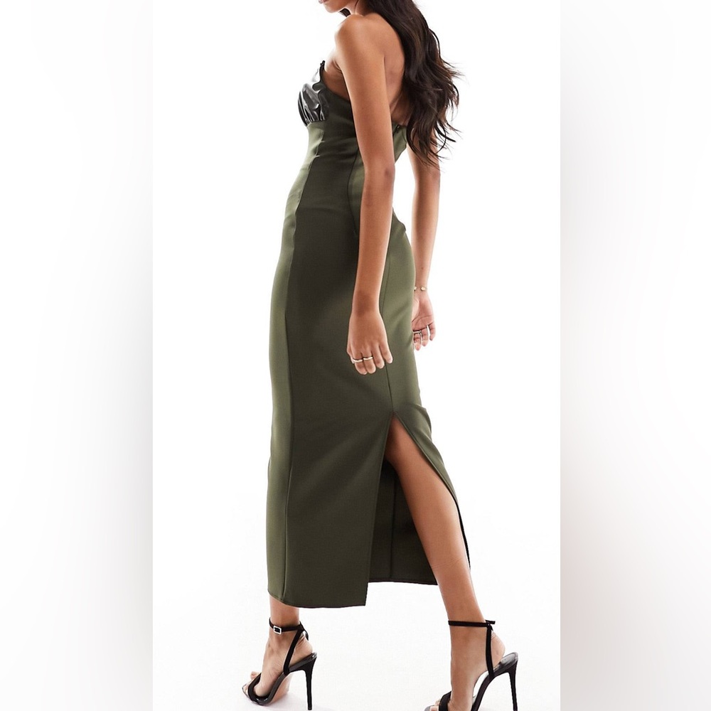 Midi Dress with Faux Leather Structured Neckline